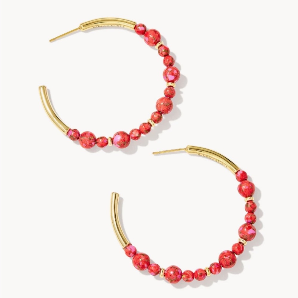 Kendra Scott Jovie Gold Beaded Hoop Earrings in Bronze Veined Red.